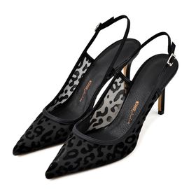 [KUHEE] Sling-back 2034K 8cm-High Heels Leopard Fishnet Mule Daily Handmade Shoes-Made in Korea